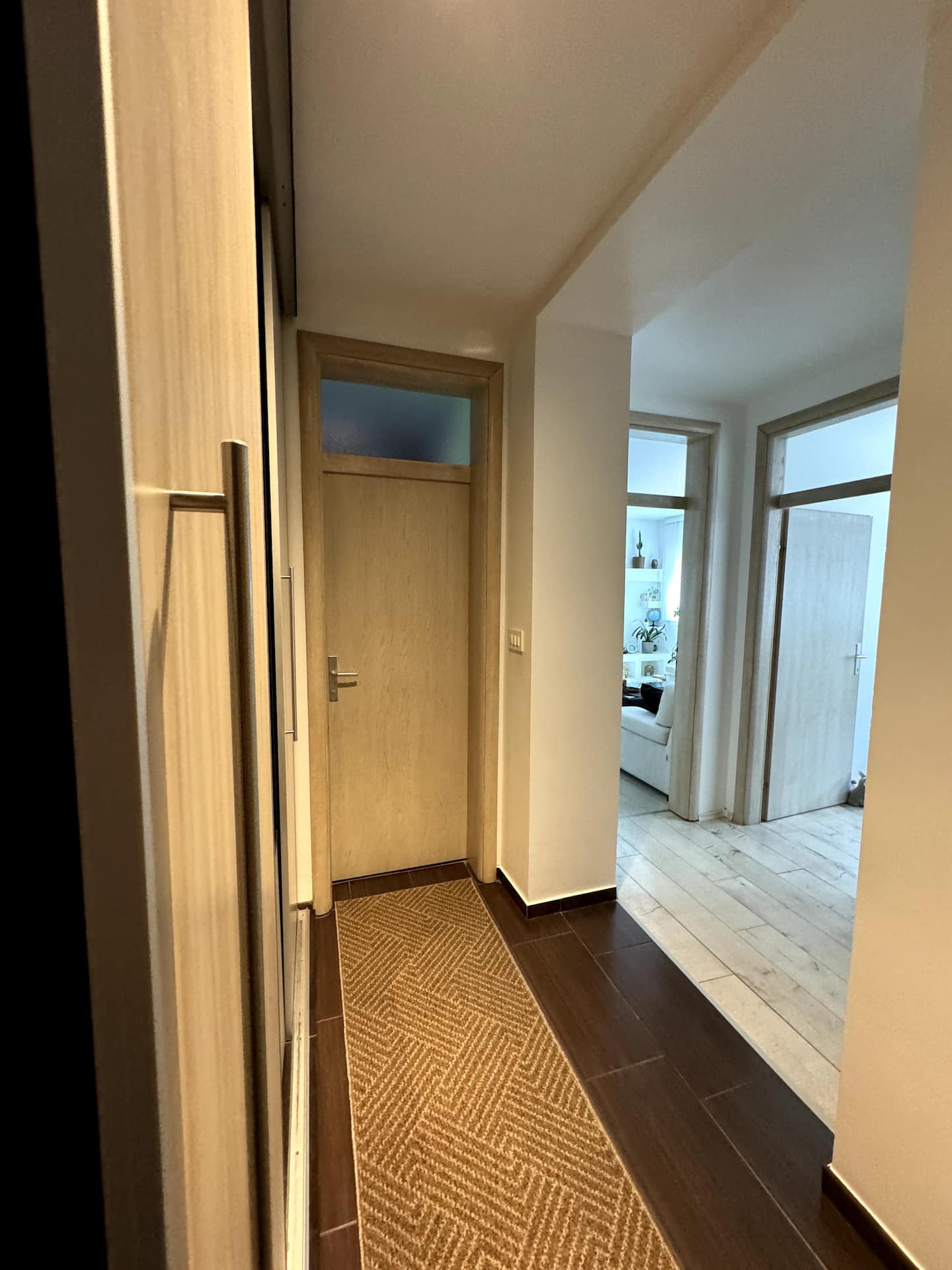 Hallway leading to the rooms with a woven runner rug