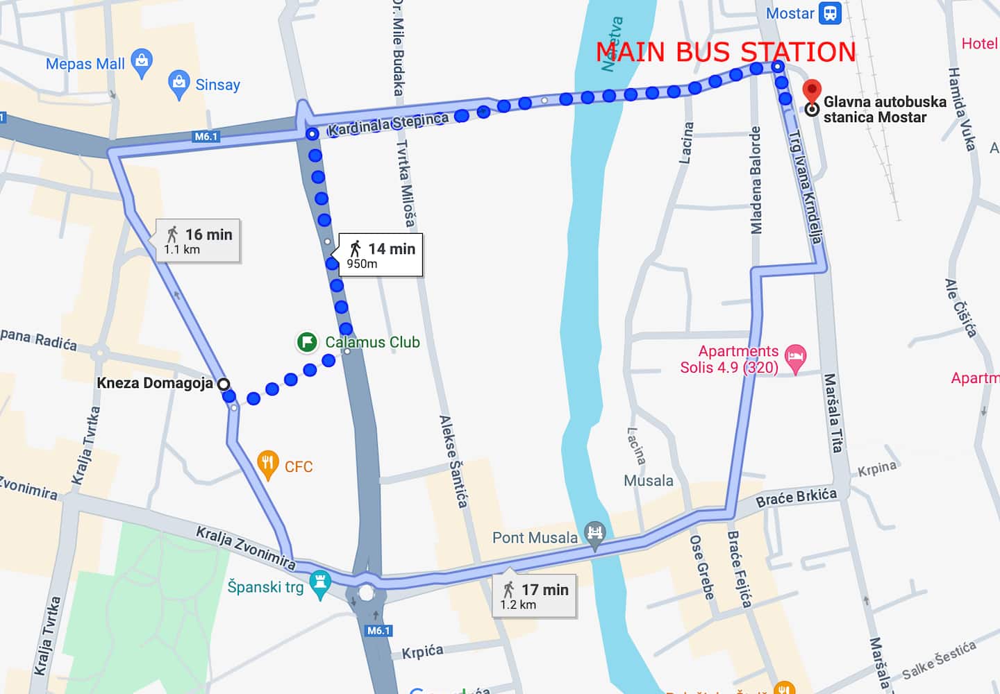 Walking route from the apartment to Mostar's Main Bus Station, about 14 minutes