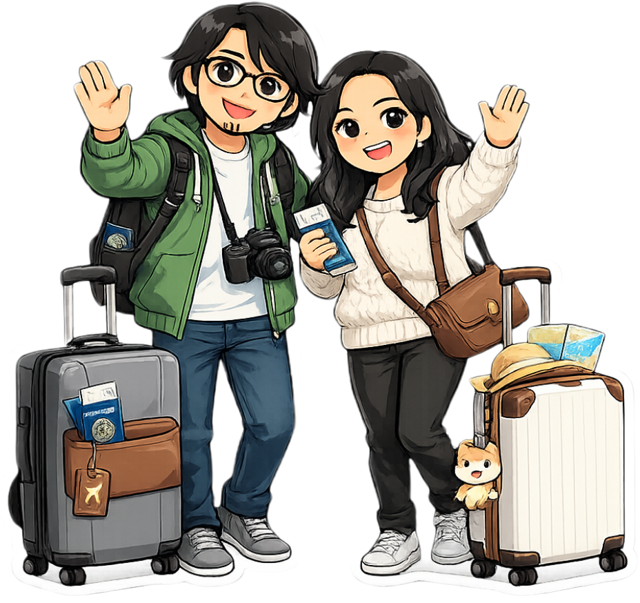 Meri & Man arriving with luggage